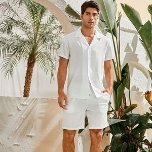 Two piece men solid neck shirt & shorts